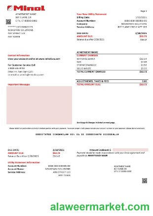 USA Texas Minol business utility bill template in Word and PDF formats